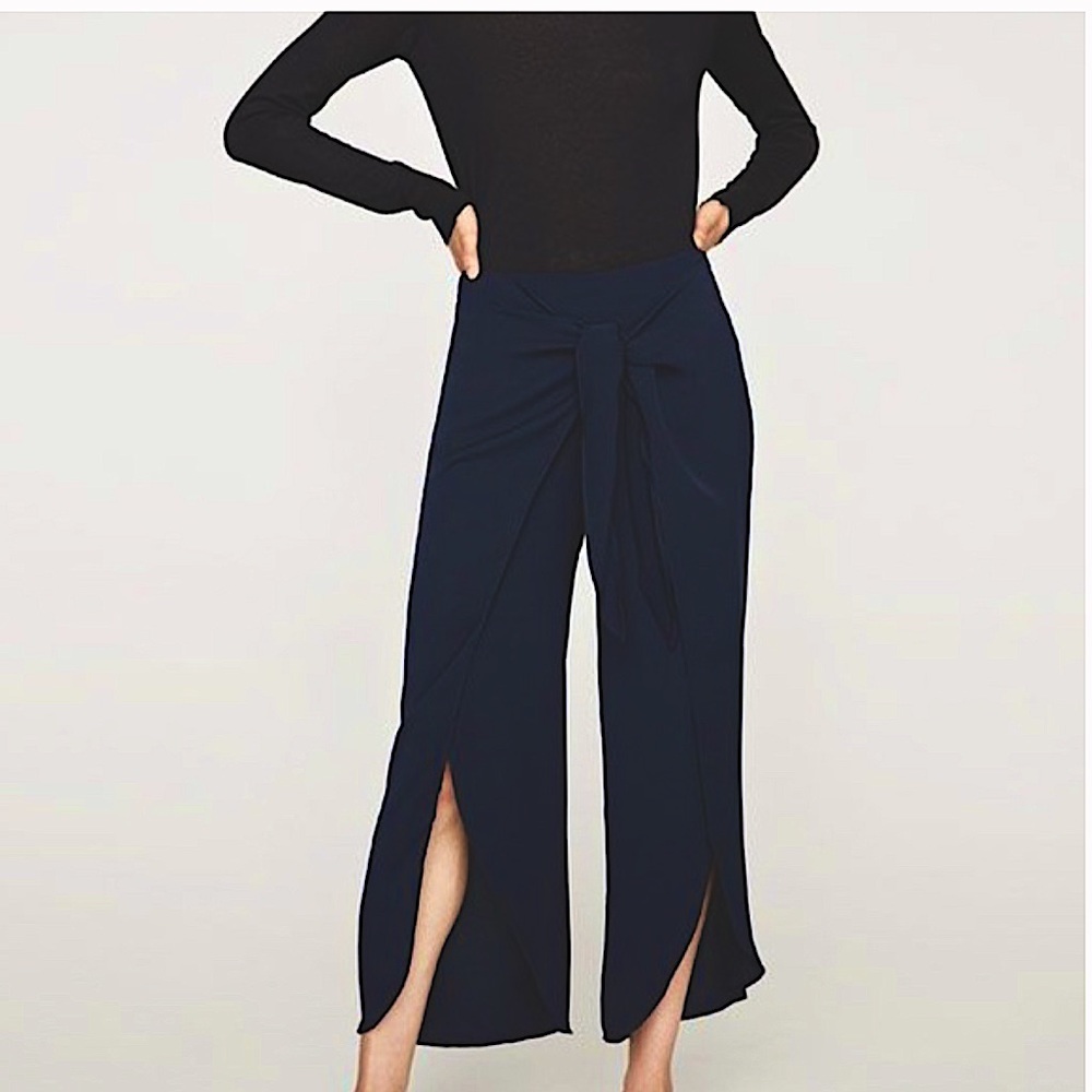 Zara Trousers with Front Knot Navy Blue Slit Front